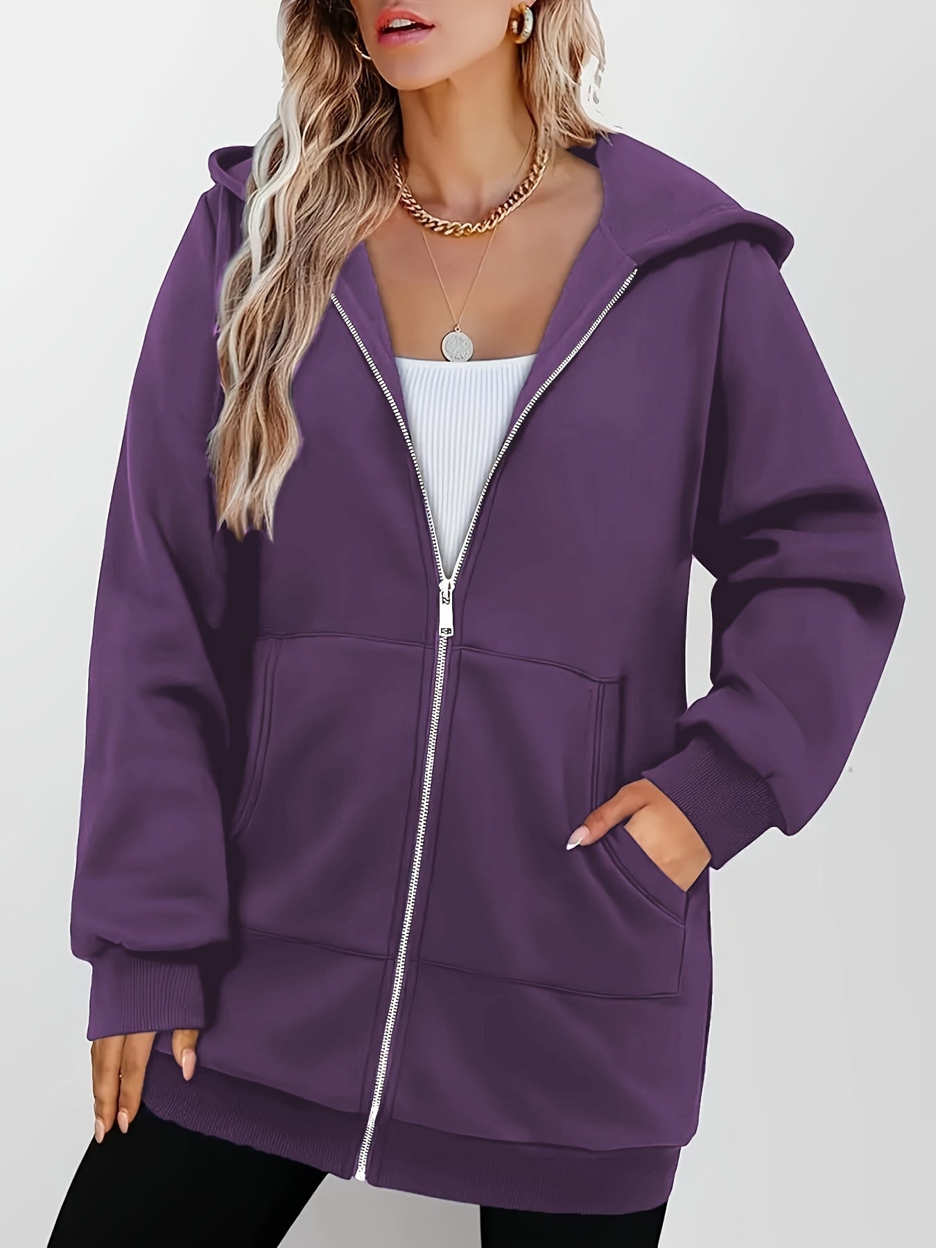 Kestrel | Longline Hooded Zip Jacket Purple Fleece for Women