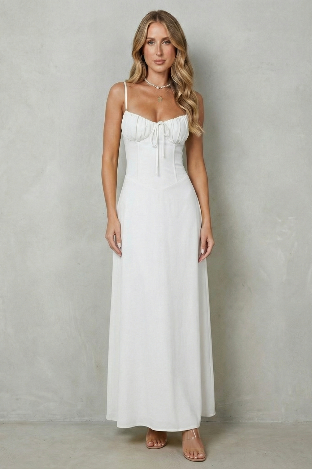 Fern | Maxi Dress Pastel Yellow Corset Ruched Bust Spaghetti Strap for Women