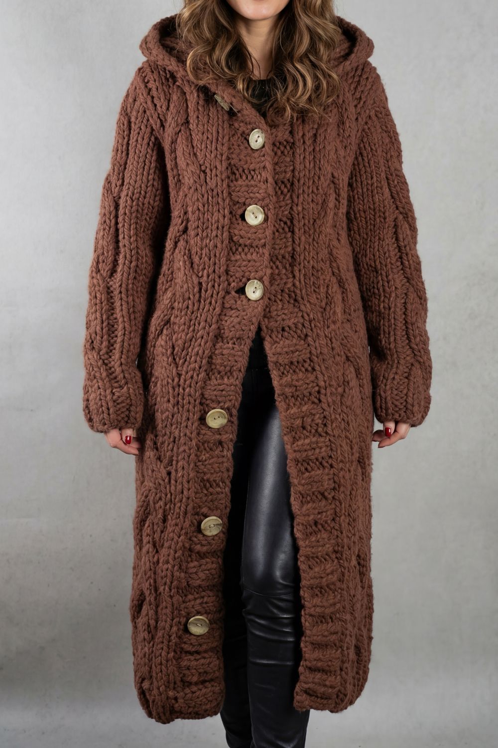 Phoebe | Maxi Hooded Cardigan Coat Blue Chunky Cable Knit Oversized for Women