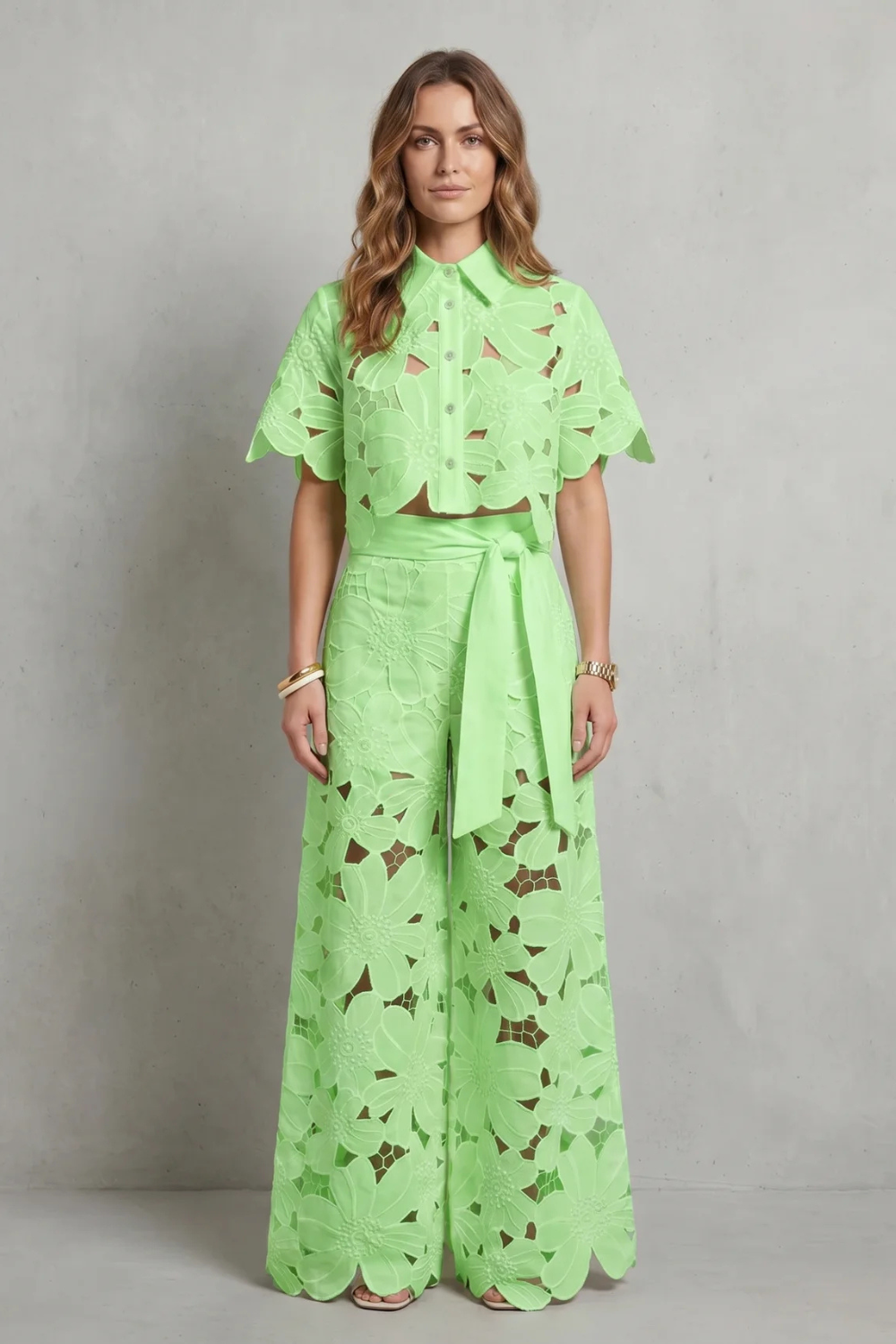 Rosalind | White Lace Two-Piece Set Floral Cutwork Wide-Leg Trousers & Crop Top for Women