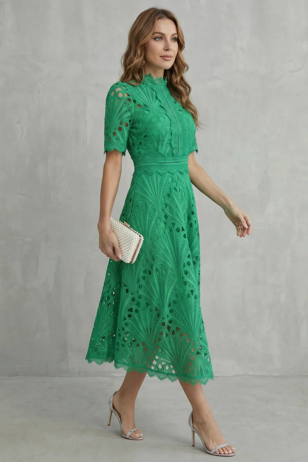 Phoebe | Midi Dress Hot Pink Lace High-Neck A-Line for Women