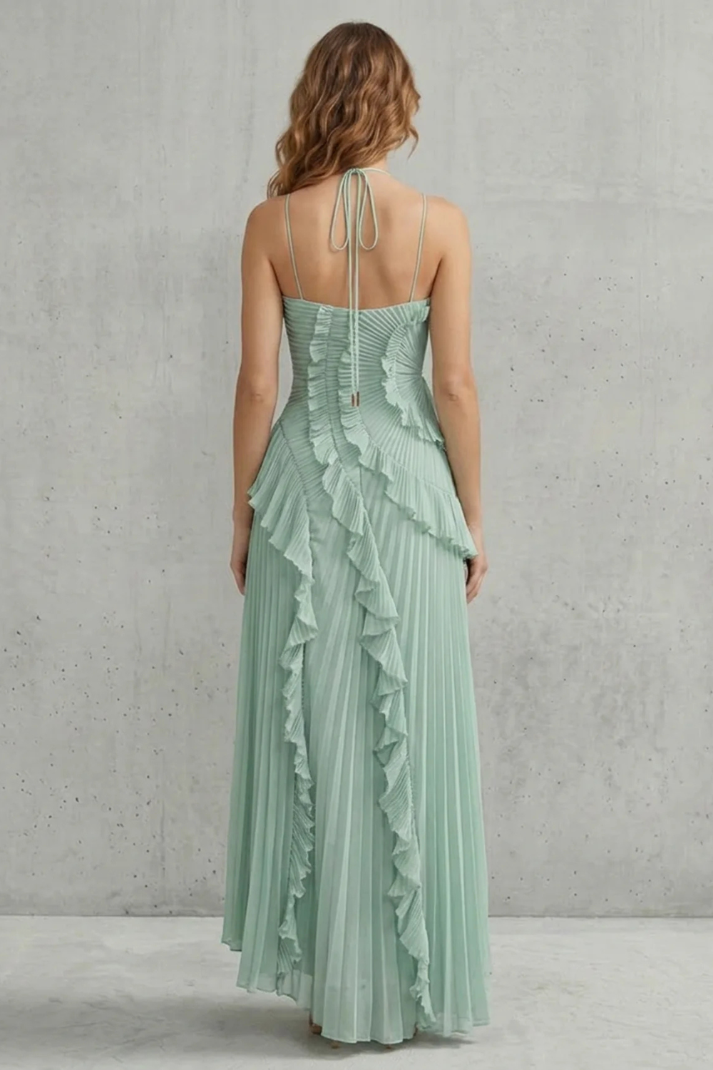 Cecile | Maxi Halter Dress Dusty Pink Chiffon Pleated Ruffle for Women