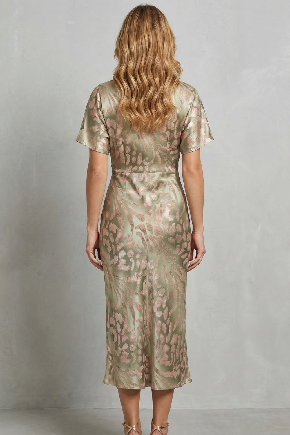 Phoebe | Midi Dress Sage Green Satin Jacquard Twist Front V-Neck for Women