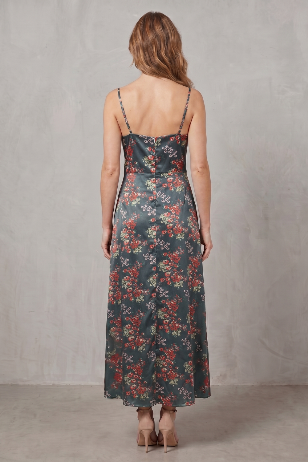 Elspeth | Midi Dress Teal Floral Satin Tie-Front Cut-Out for Women