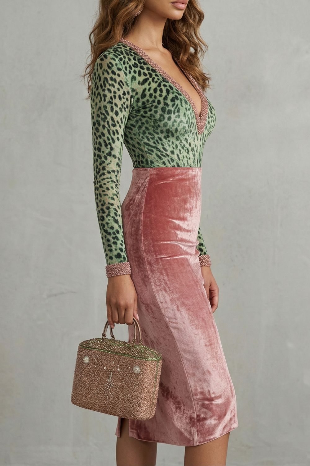 Phoebe | Midi Bodycon Dress Green Pink Leopard Velvet V-Neck for Women