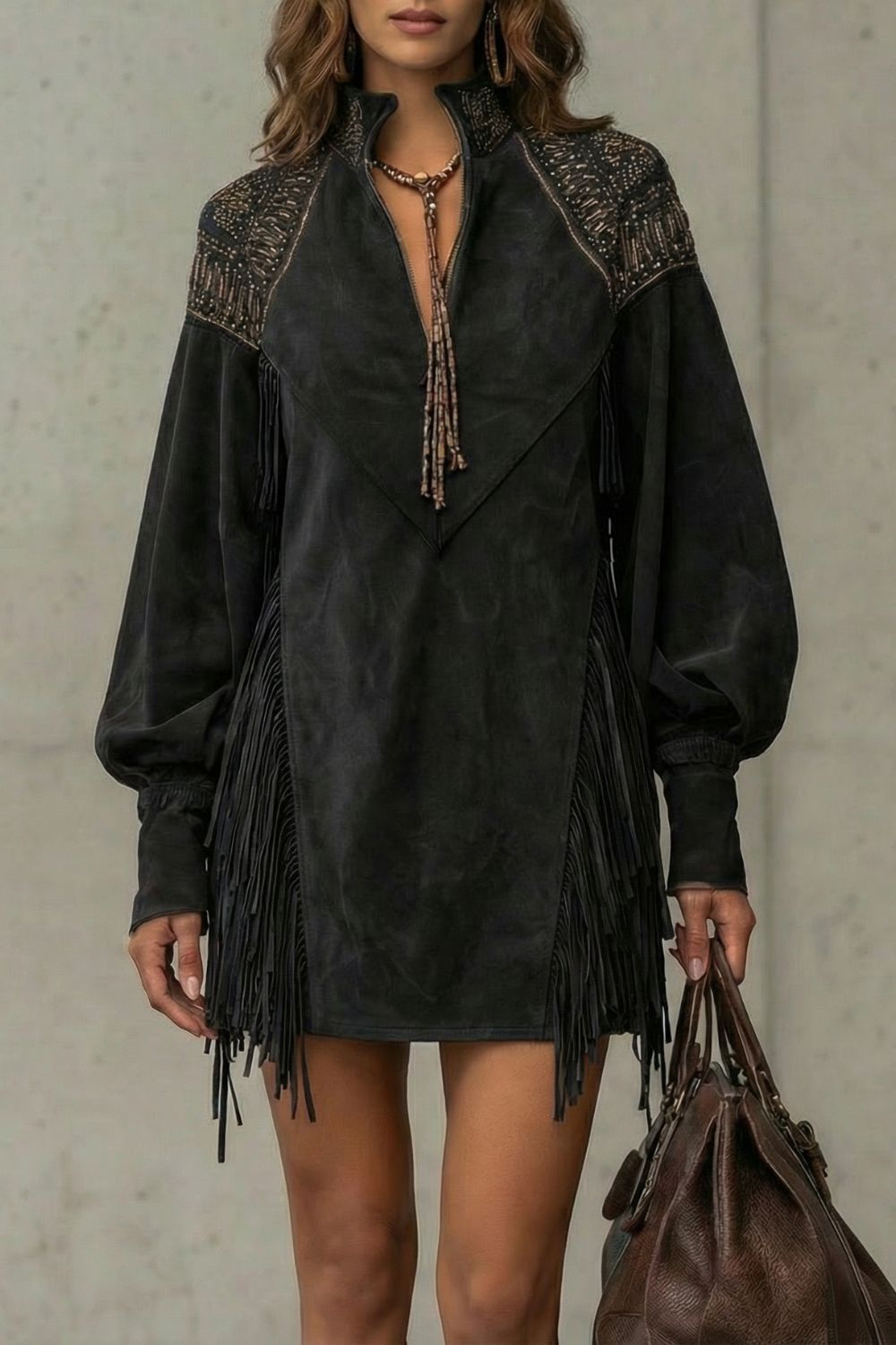 Phoebe | Mini Dress Navy Suede-Effect Fringe Embroidered for Women
