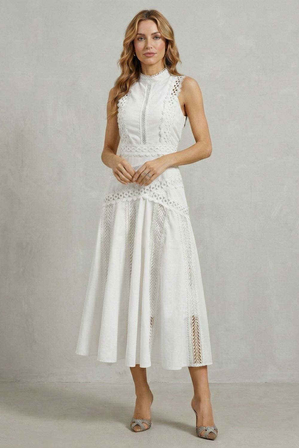 Arabelle | Midi Dress Yellow Cotton Lace Panel Sleeveless for Women