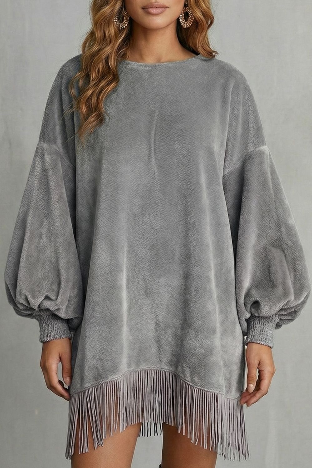 Phoebe | Mini Dress Dusty Pink Velvet Balloon Sleeve Fringe Hem for Women