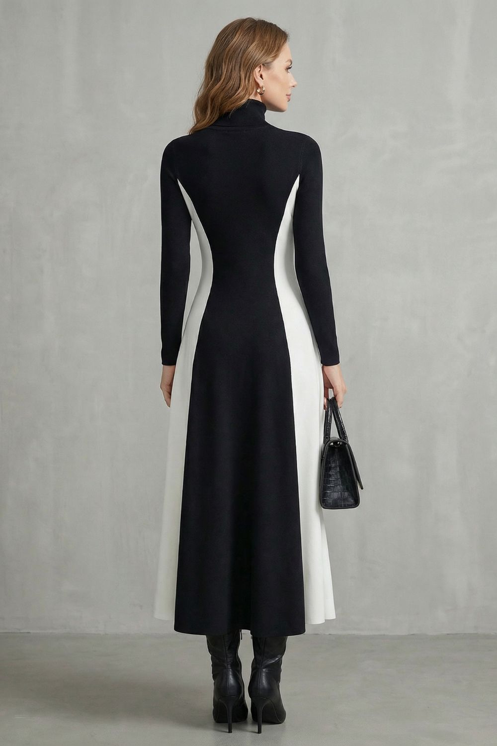 Phoebe | Maxi Dress Burgundy Ivory Colour Block Turtleneck Long Sleeve for Women