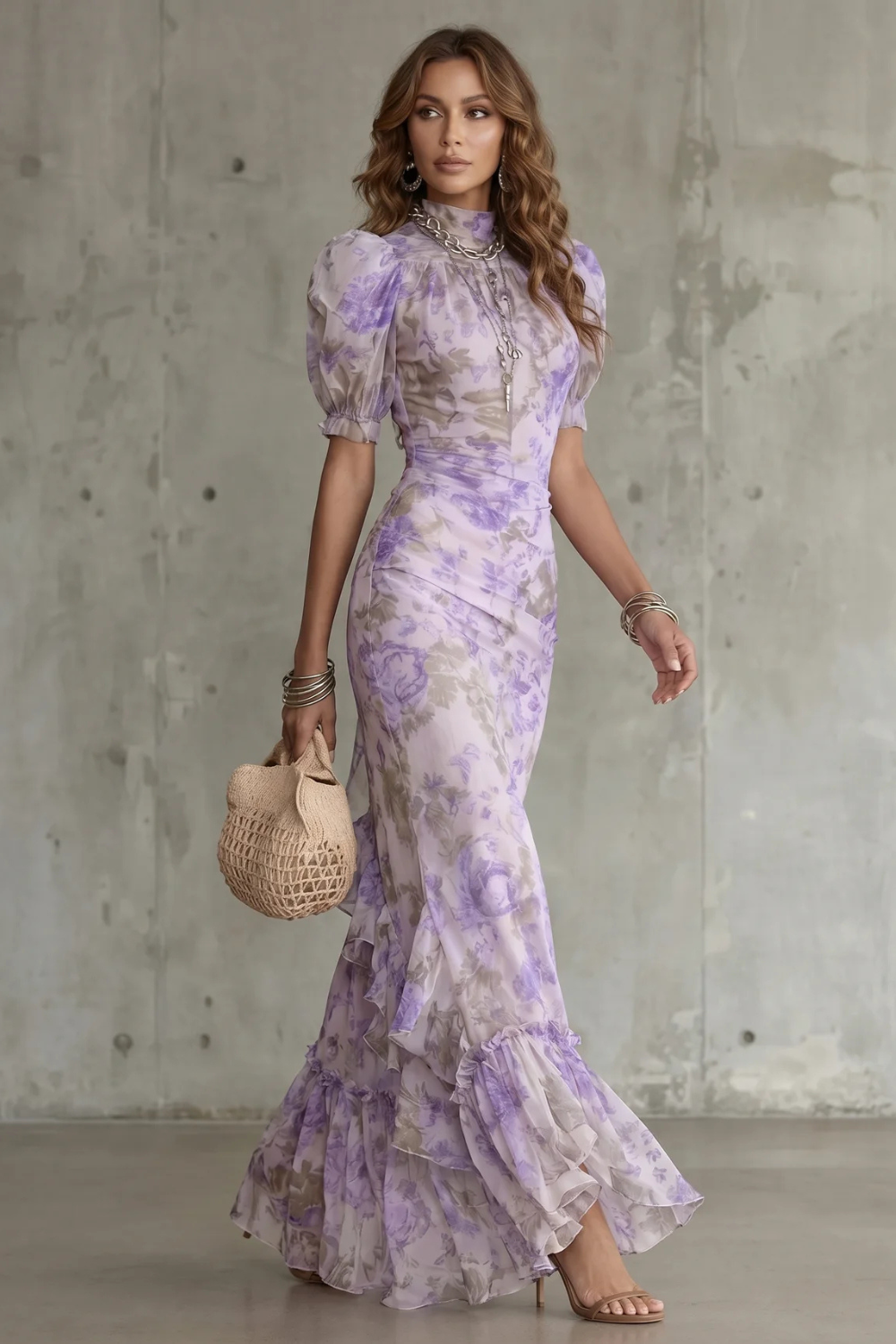 Rosalynn | Maxi Dress Pink Floral Mesh Puff Sleeve Ruched for Women