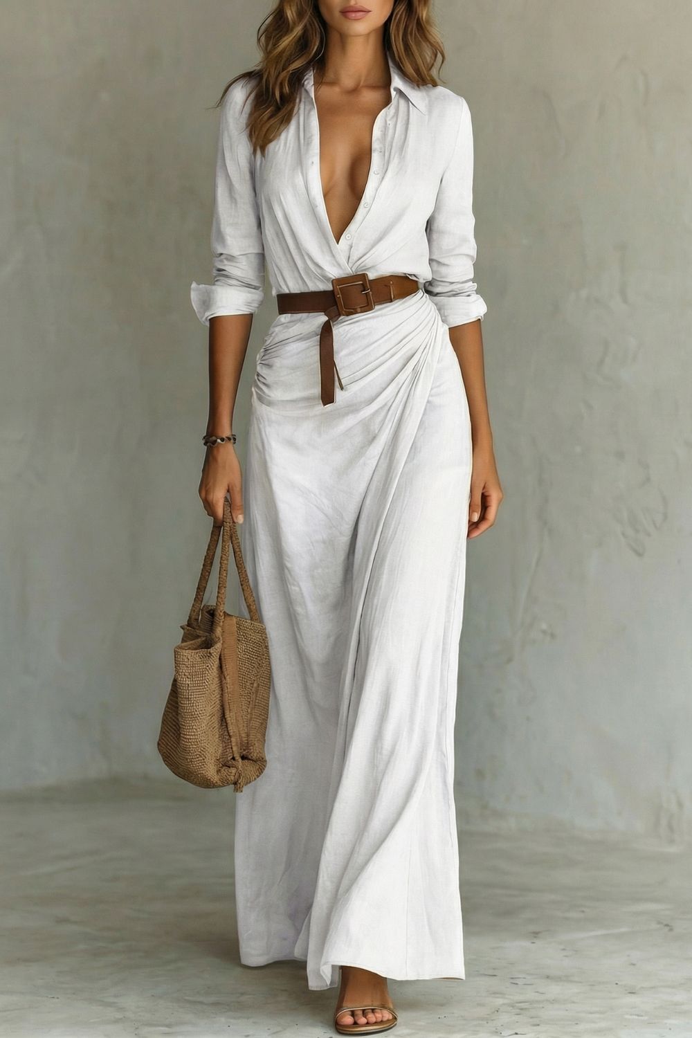 Cassidy | Maxi Shirt Dress Camel Linen-Feel Belted Wrap for Women