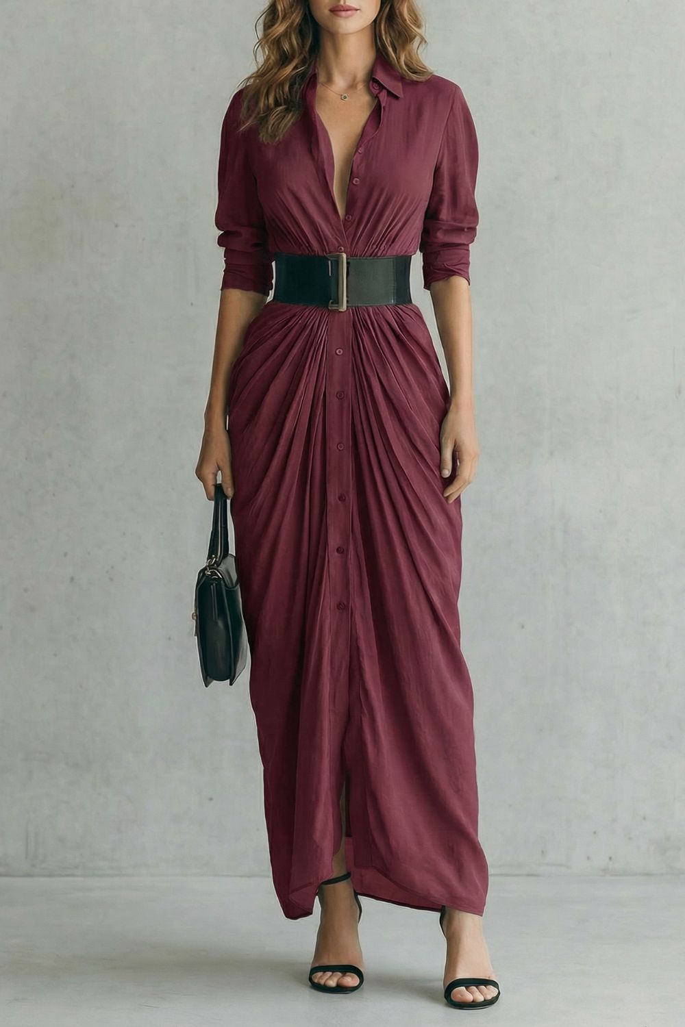 Phoebe | Maxi Shirt Dress Grey Pleated Button-Down Belted for Women