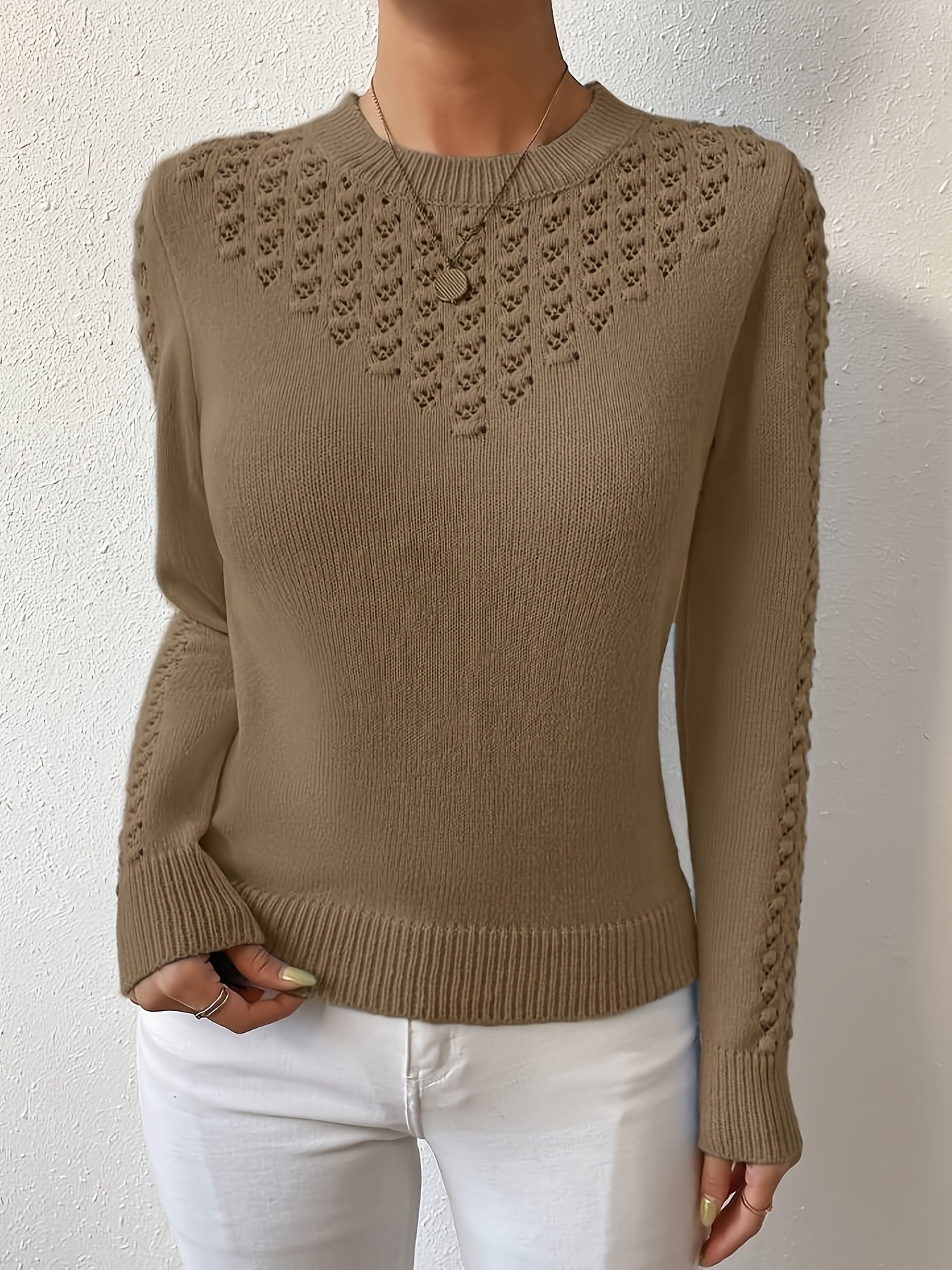Gaynor | Pointelle-Knit Round Neck Sweater Blue Openwork for Women