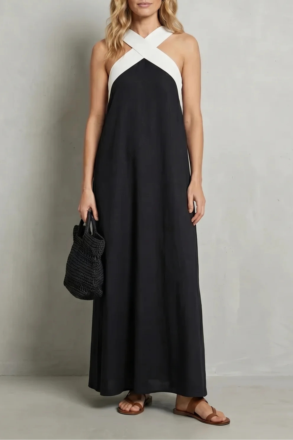 Edwina | Maxi Dress Black Linen Cross-Halter Sleeveless for Women
