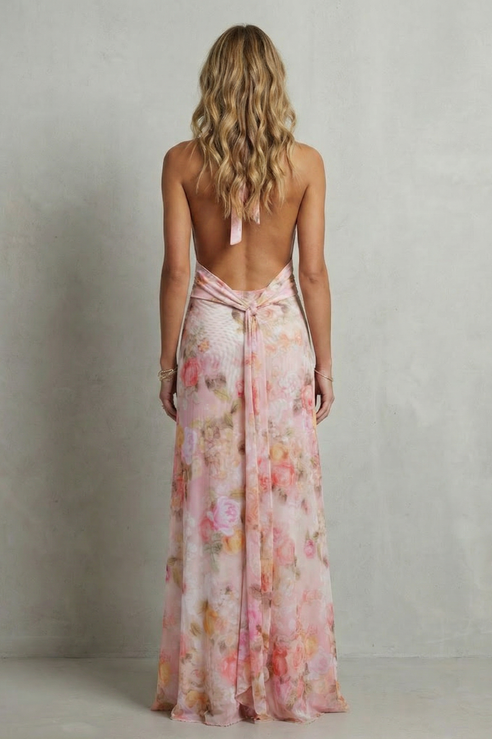 Rosalind | Maxi Dress Pink Floral Chiffon Deep V-Neck Halter for Women