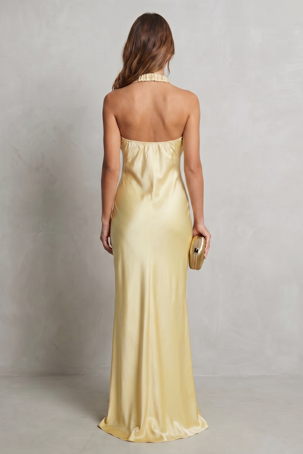 Phoebe | Maxi Evening Dress Butter Yellow Satin Halter Neck for Women