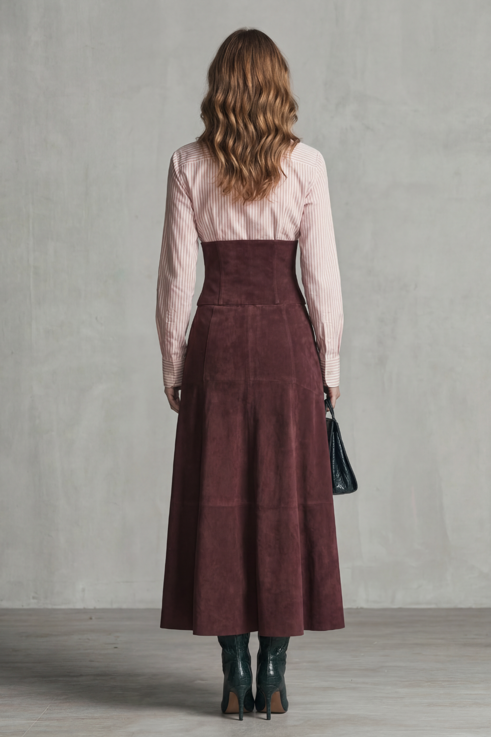Phoebe | Maxi Skirt Burgundy Suede High-Waist Corset Button-Front for Women