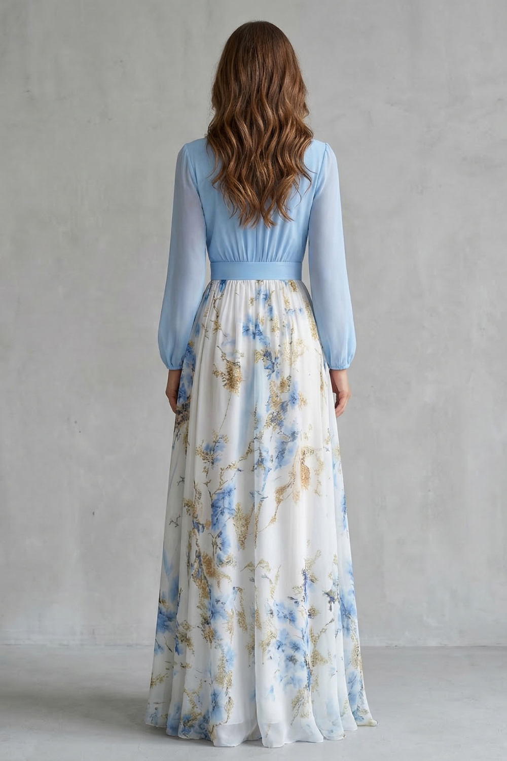 Elspeth | Maxi Dress Blue Floral Chiffon Deep V-Neck Long Sleeve for Women