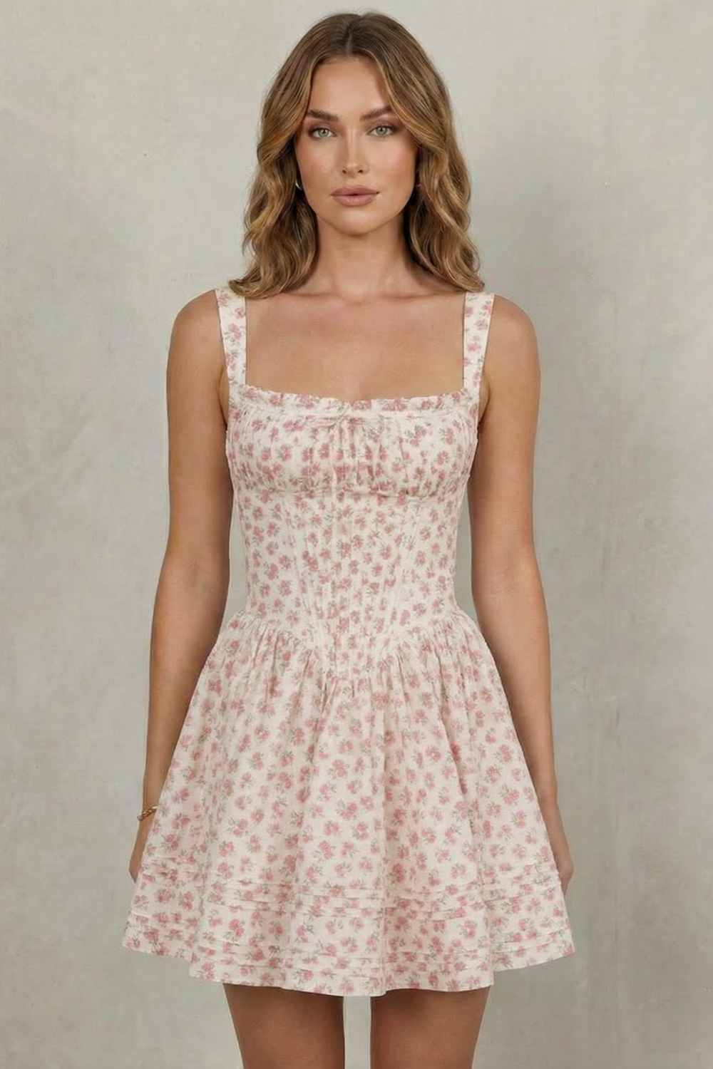 Phoebe | Mini Dress Pink Floral Cotton Corset Bodice Sleeveless for Women