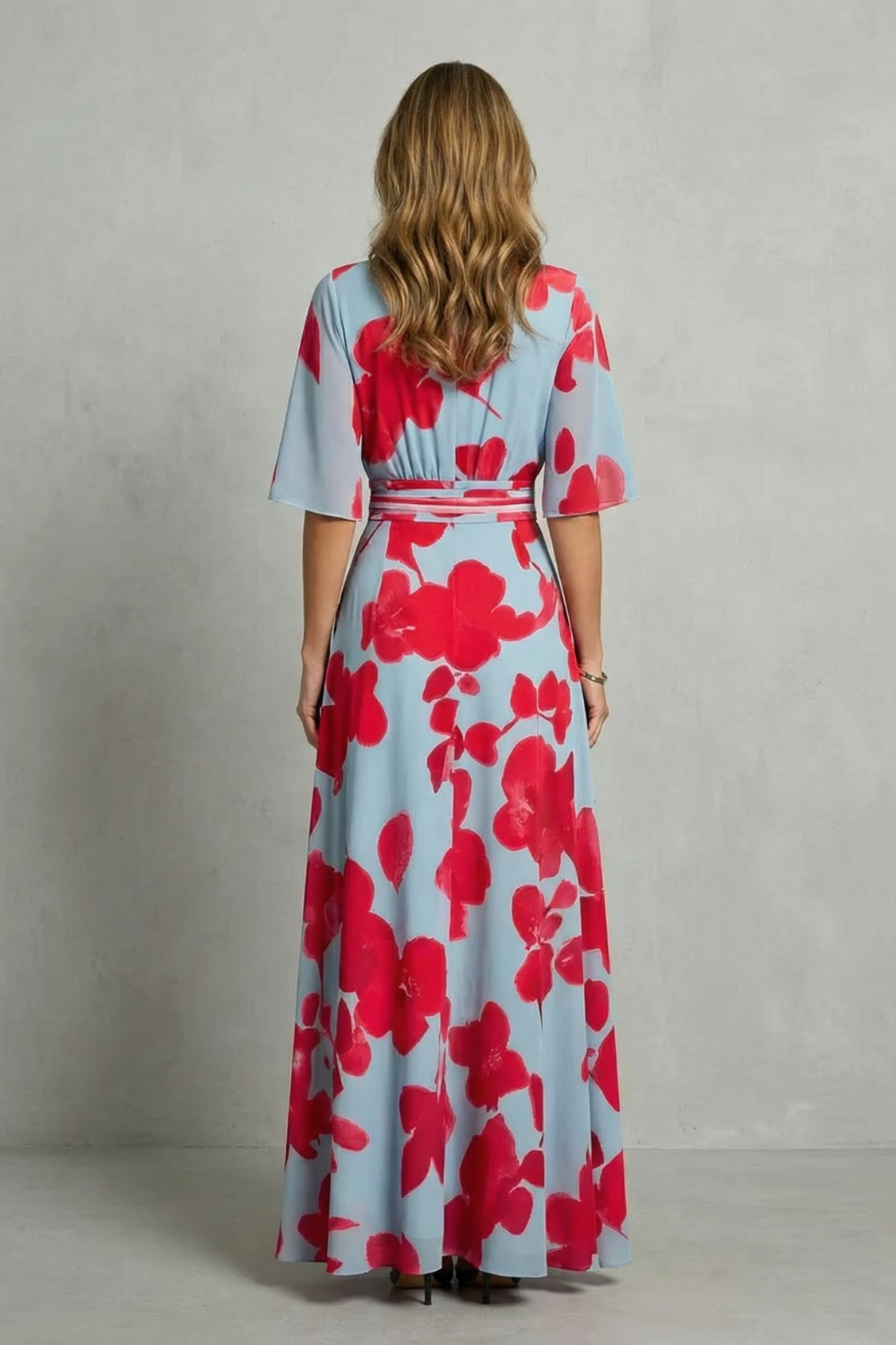 Phoebe | Maxi Dress Sky Blue Red Floral Print V-Neck Flutter Sleeve for Women