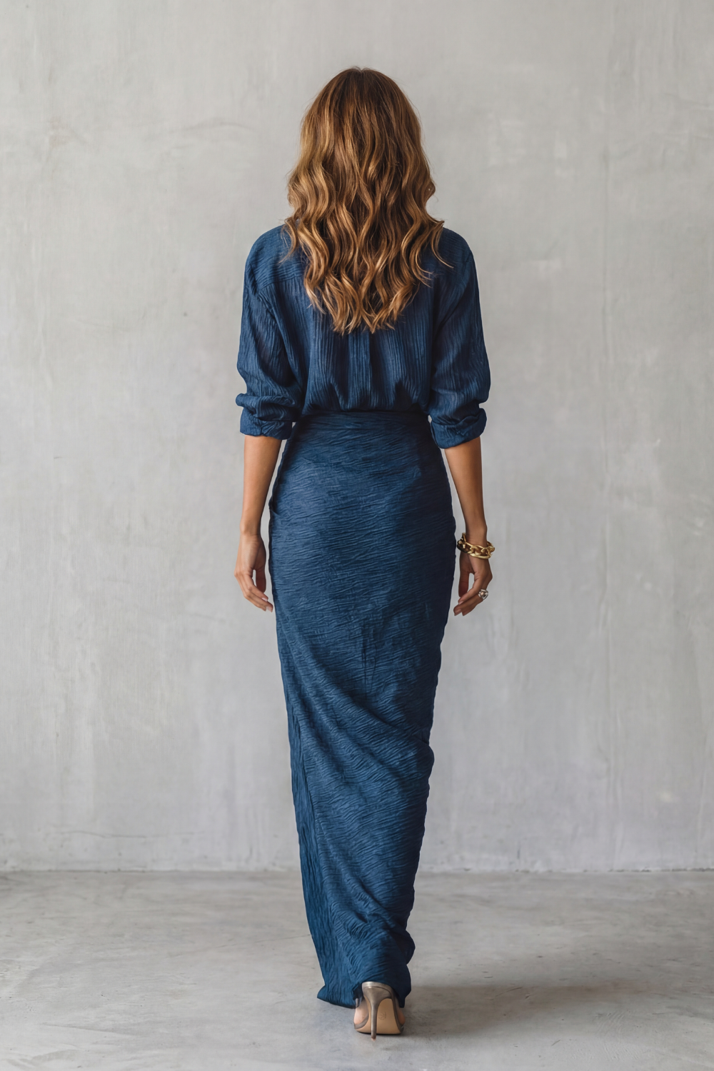 Phoebe | Maxi Outfit Set Navy Blue Crinkle Textured Long Sleeve for Women
