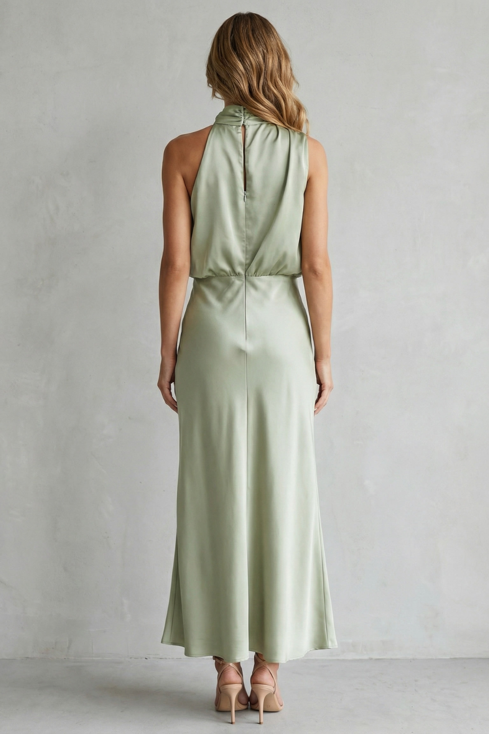 Rosalind | Maxi Dress Sage Green Satin Halter Neck Sleeveless for Women