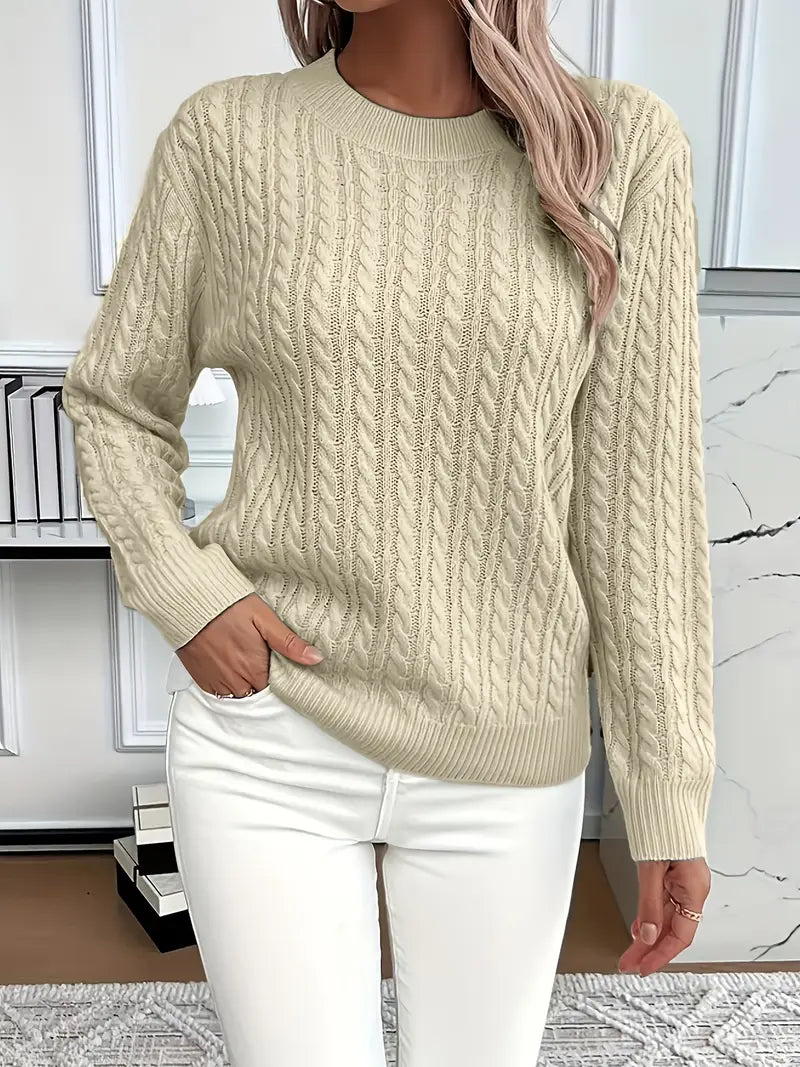 Catharine | Cable-Knit Sweater White Wool Crew Neck Long Sleeve for Women
