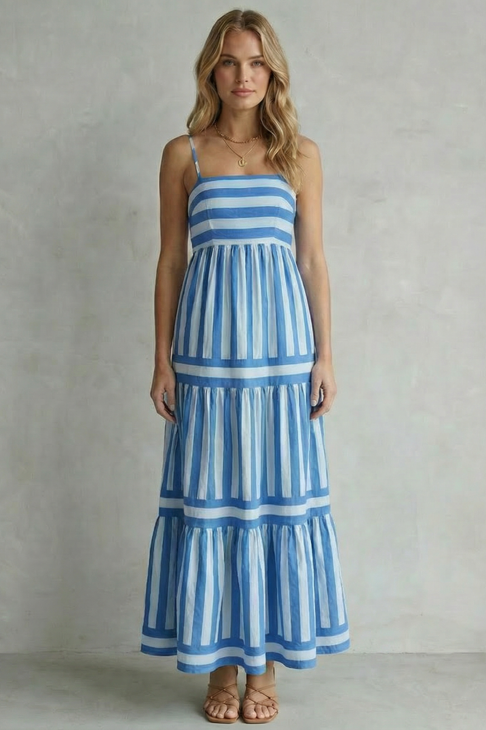 Phoebe | Maxi Dress Green White Stripe Cotton Tiered Spaghetti Strap for Women