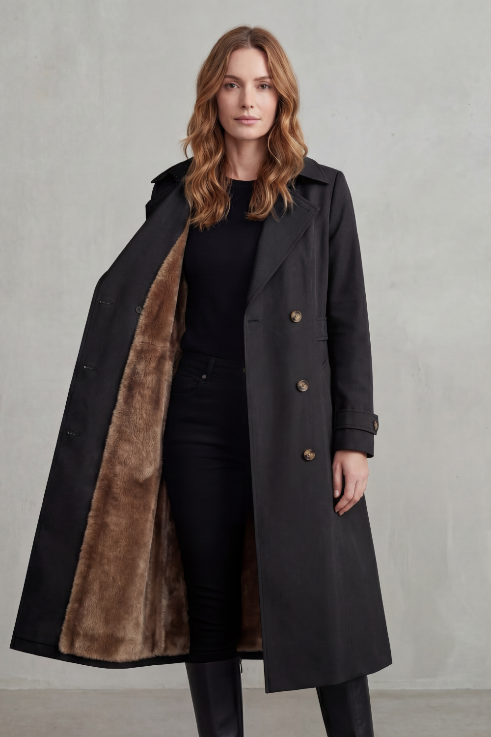 Phoebe | Trench Coat Camel Faux Fur-Lined Double-Breasted for Women