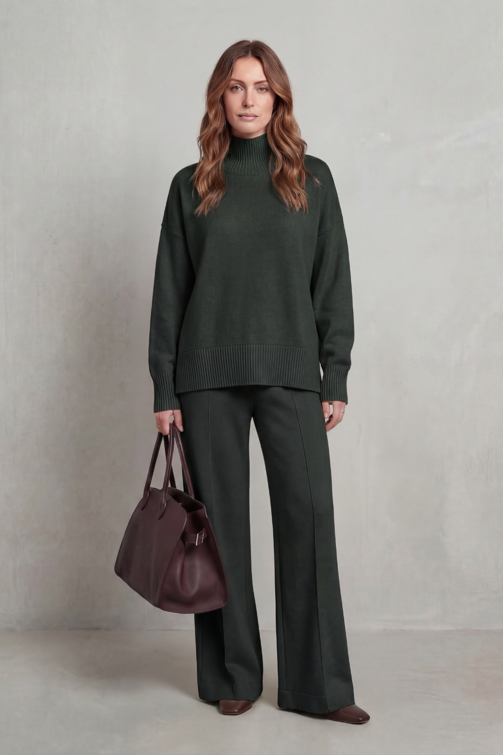 Leonora | Knit Co-Ord Set Burgundy Wide-Leg Mock Neck Long Sleeve for Women