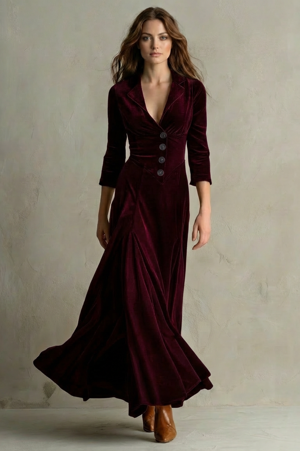 Elspeth | Maxi Dress Black Velvet Blazer Collar Button Front for Women