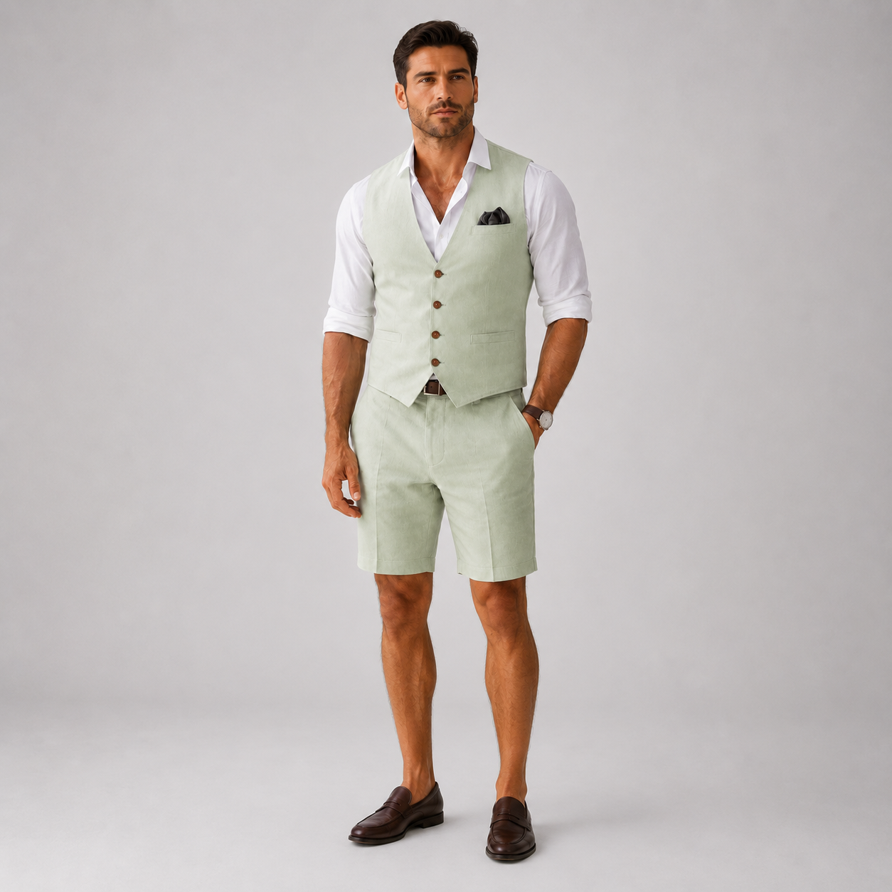 Quentin | Two-Piece Set Beige Linen Vest and Shorts for Men