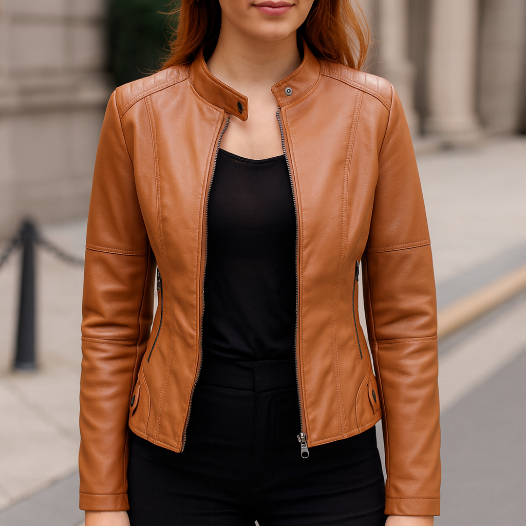 Harriet | Biker Jacket Red Faux Leather Stand Collar for Women