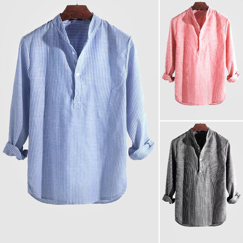 Ewan | Shirt Blue Striped Cotton-Linen Henley Long Sleeve for Men