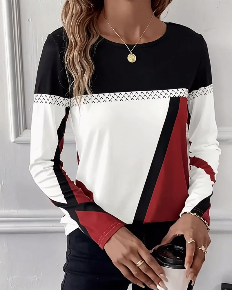 Lyra | Long Sleeve T-Shirt Black White Red Geometric Colour Block for Women