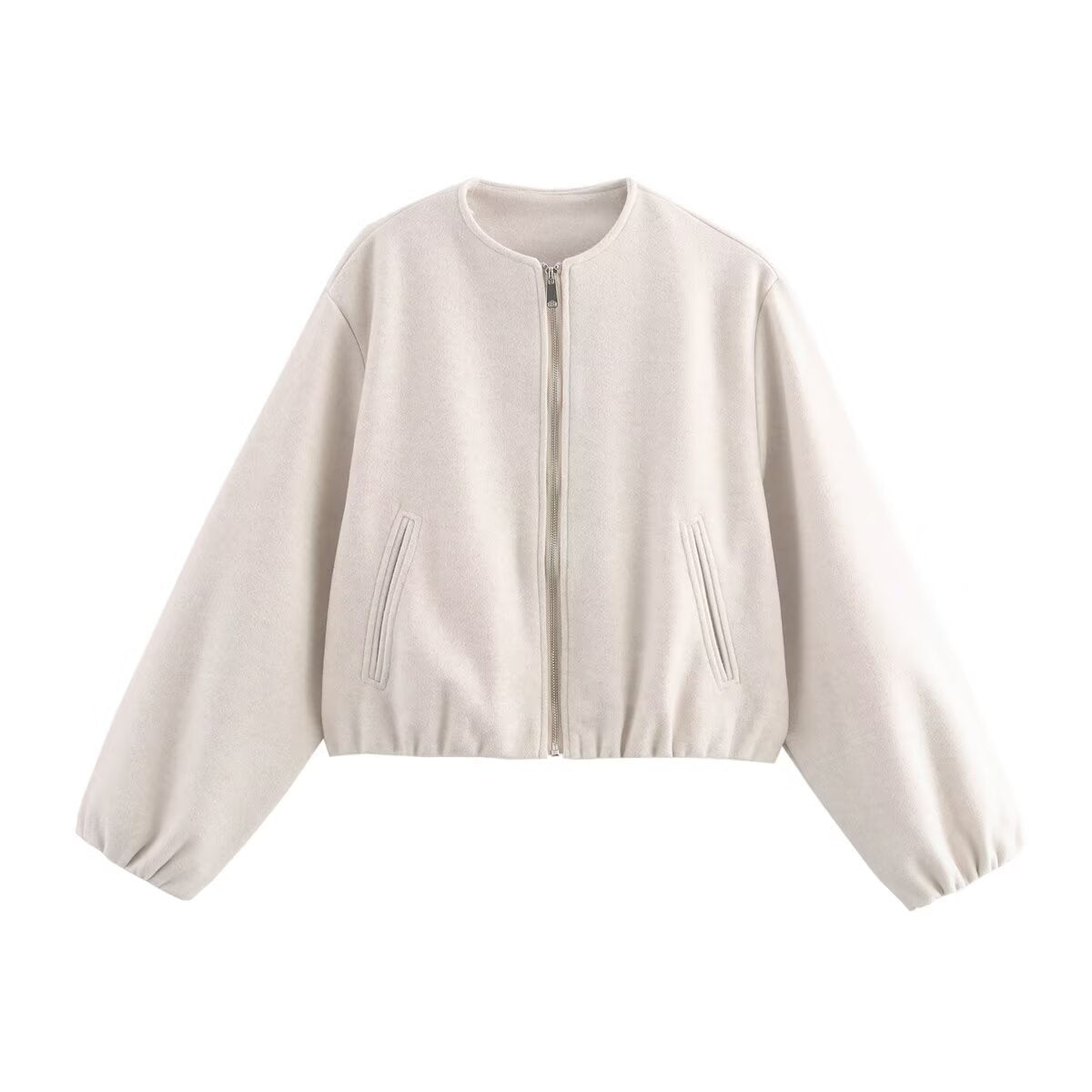 Tabitha | Cropped Bomber Jacket Grey Wool-Blend Elasticated Hem for Women