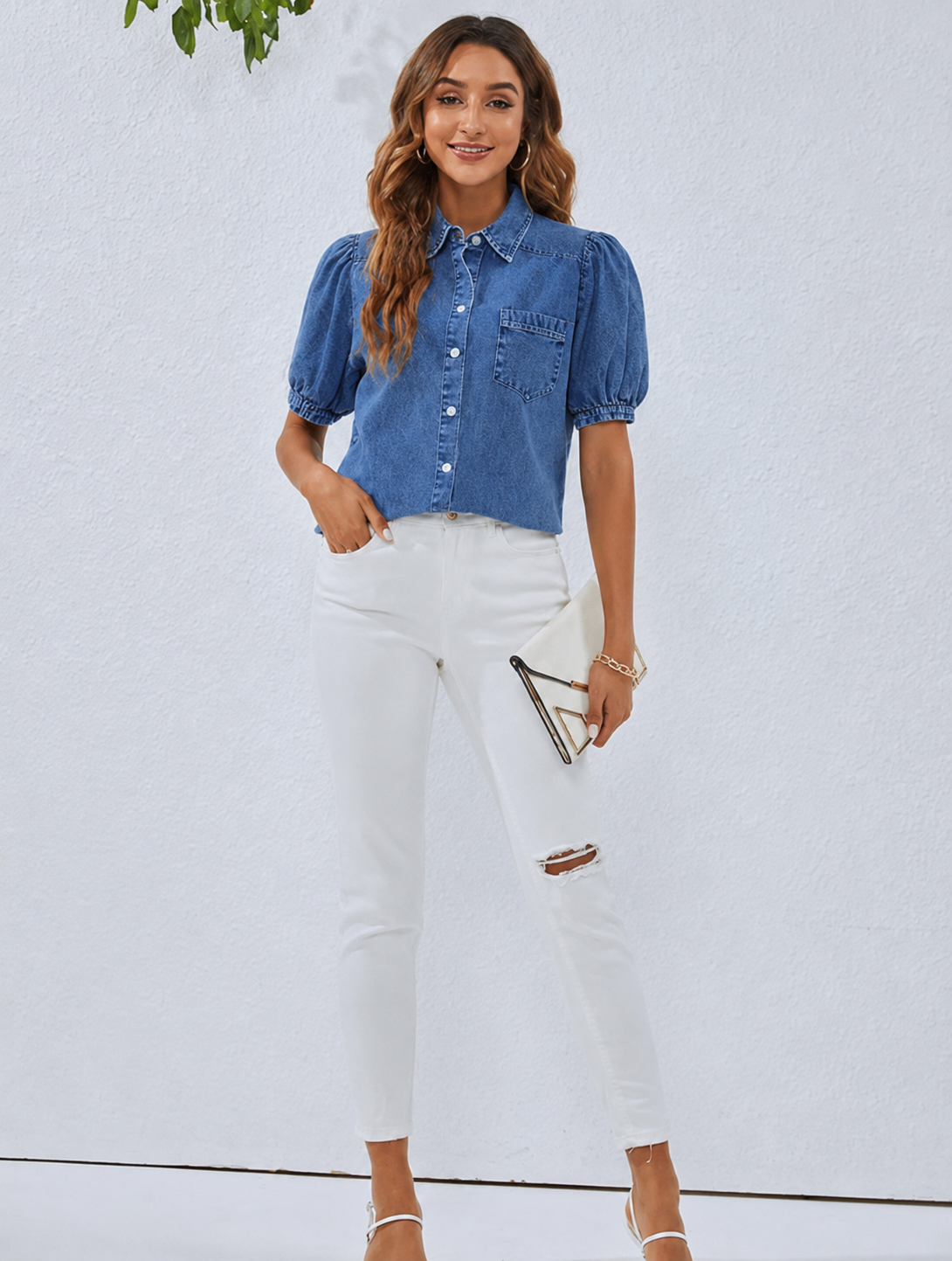 Rowena | Denim Shirt Blue Cotton Puff Sleeve Button Front for Women
