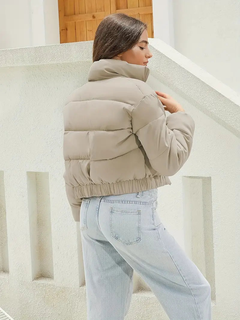 Nora | Cropped Puffer Jacket Stone Quilted Polyester Stand Collar for Women