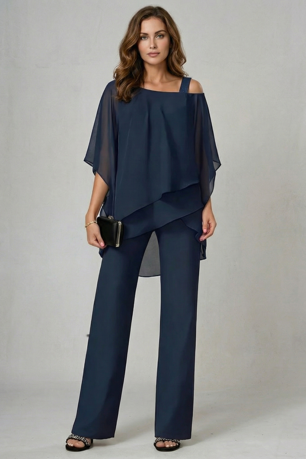 Gwendolyn | White Chiffon Asymmetric Two-Piece Set Wide-Leg Trousers for Women