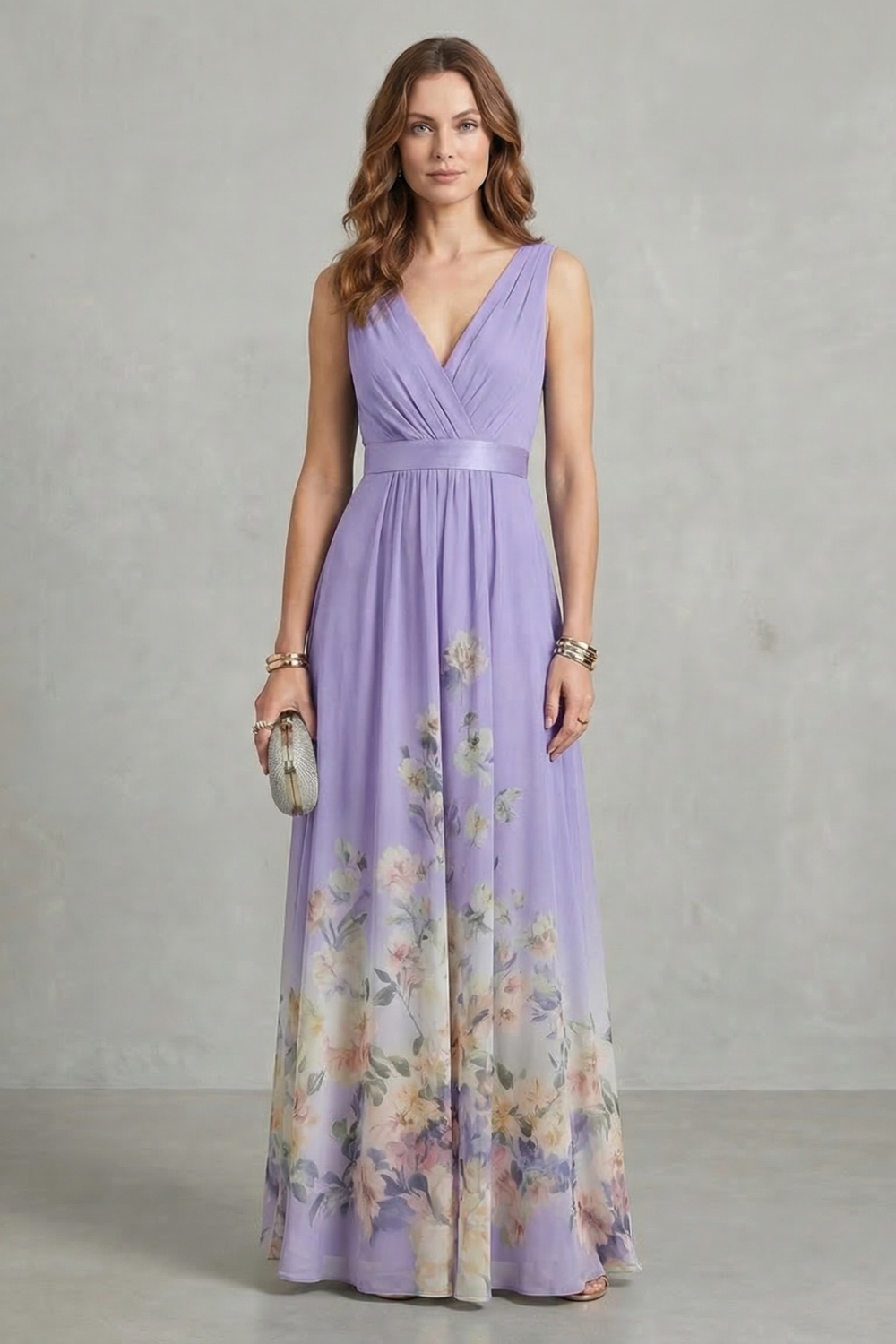 Cecile | Maxi Dress Dusty Blue Floral Chiffon V-Neck for Women