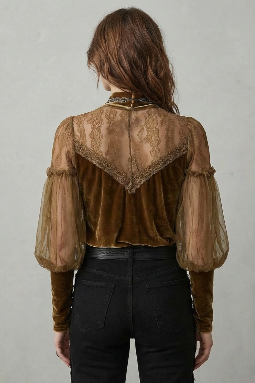 Phoebe | Blouse Antique Gold Velvet Lace Sheer Balloon Sleeve Turtleneck for Women