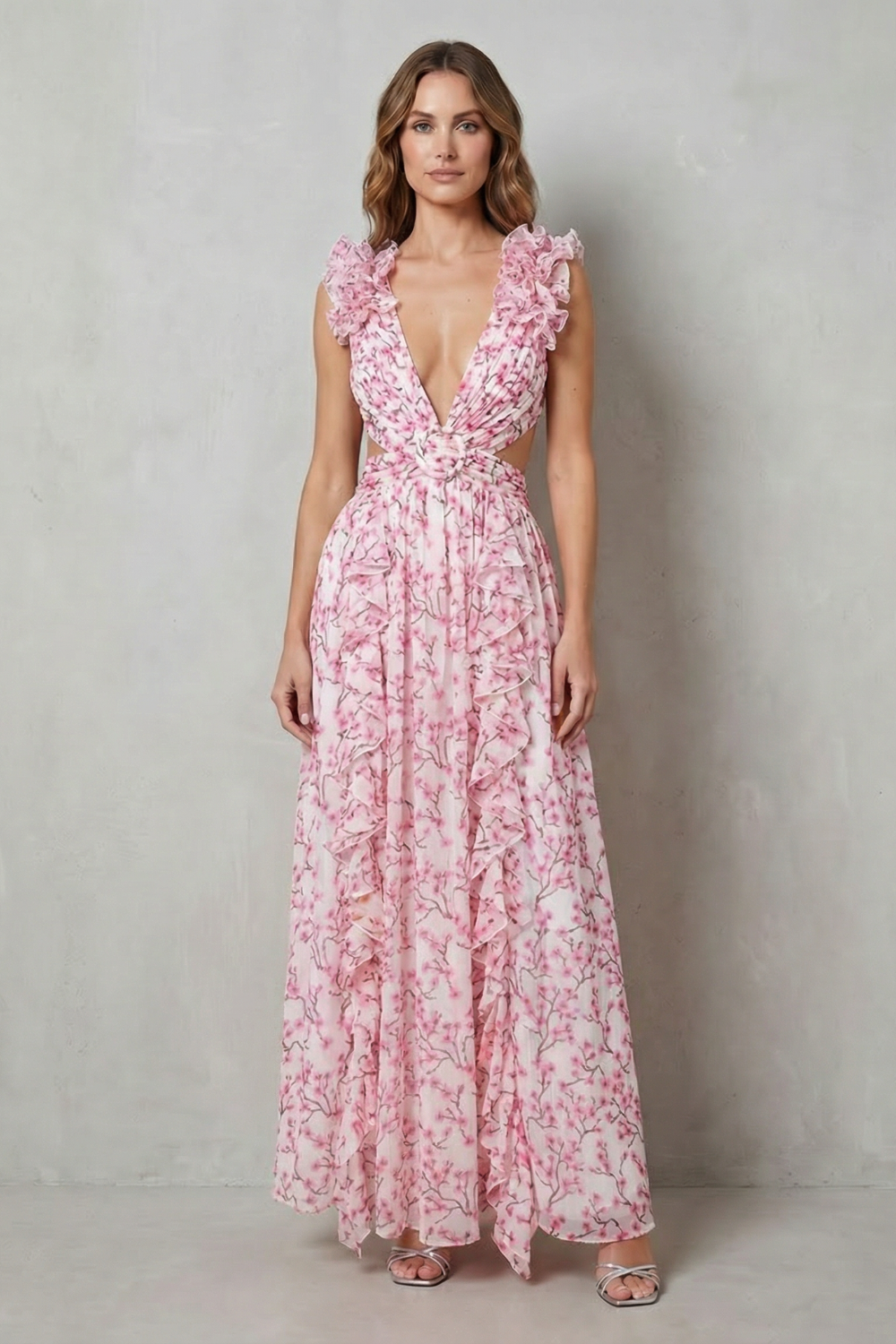 Rosalind | Maxi Dress Pink Orange Floral Chiffon Ruffle V-Neck for Women