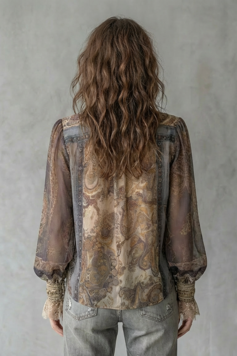 Phoebe | Blouse Taupe Chiffon Paisley Print Lace Cuff Boho for Women
