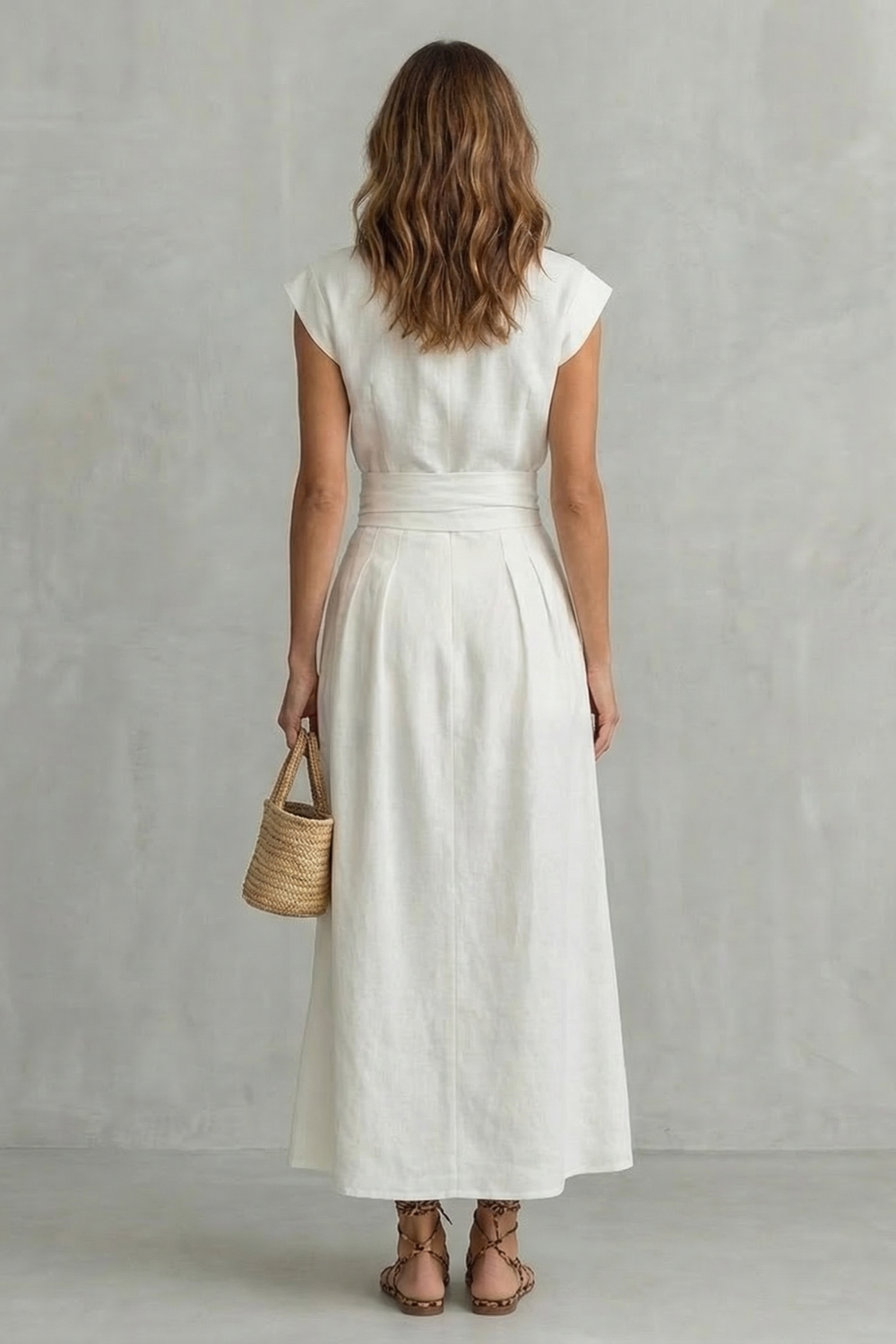 Rosalind | Midi Dress White Linen Mock Neck Belted A-Line for Women