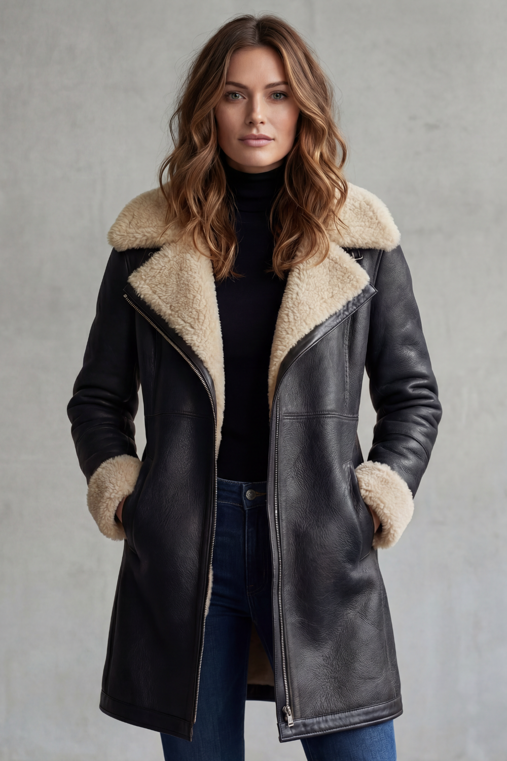 Verity | Longline Coat Brown Faux Leather Shearling-Lined for Women