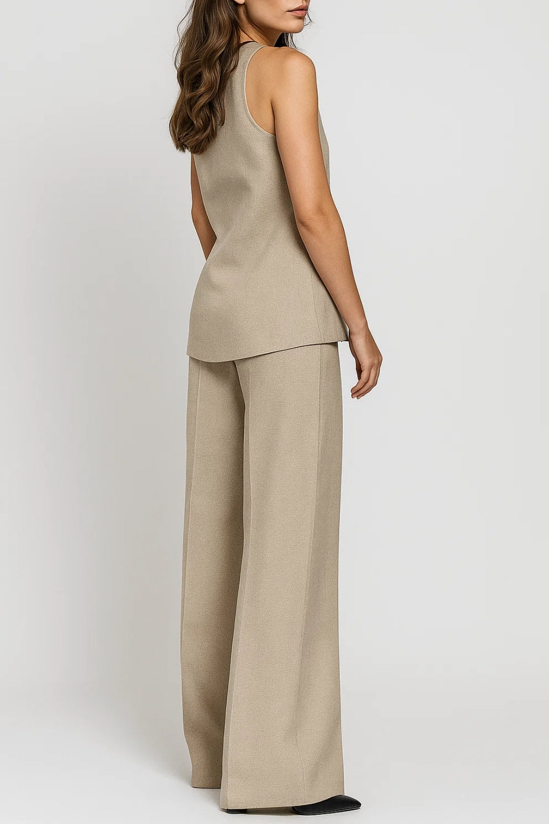 Elspeth | Tailored Vest & Wide-Leg Trouser Co-Ord Set Taupe Woven V-Neck Sleeveless for Women
