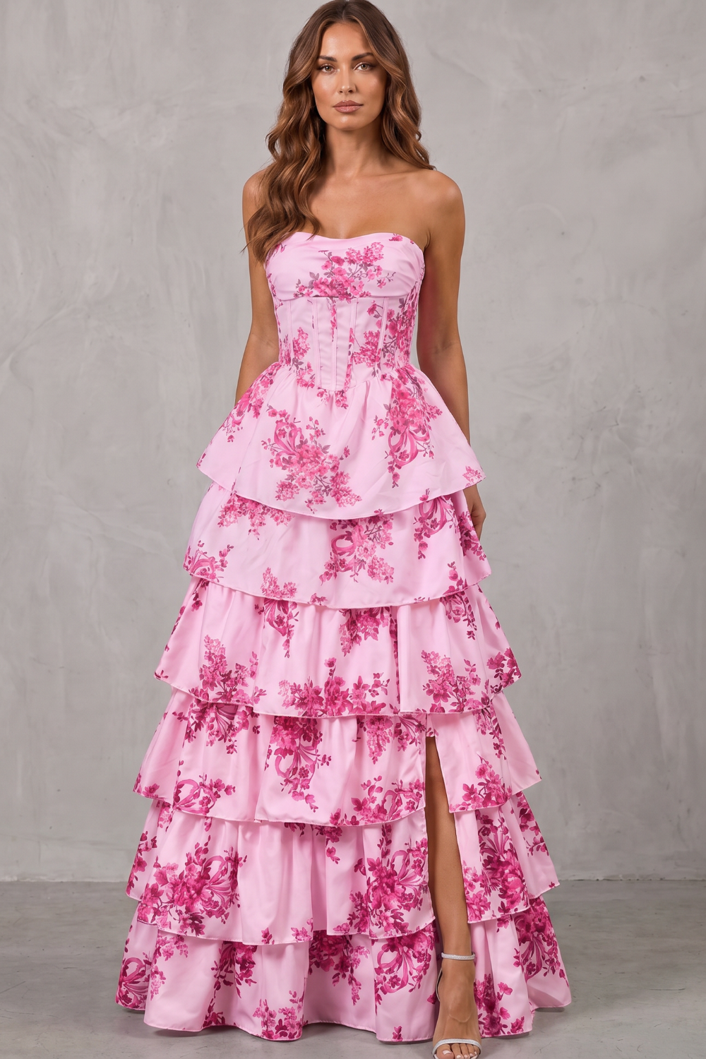 Isadora | Maxi Dress White Blue Floral Strapless Tiered Corset for Women