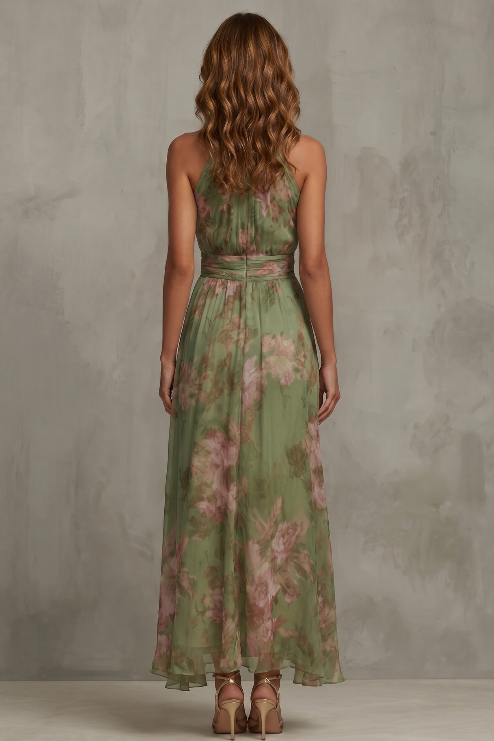 Gillie | Maxi Dress Green Floral Chiffon Halter Neck for Women