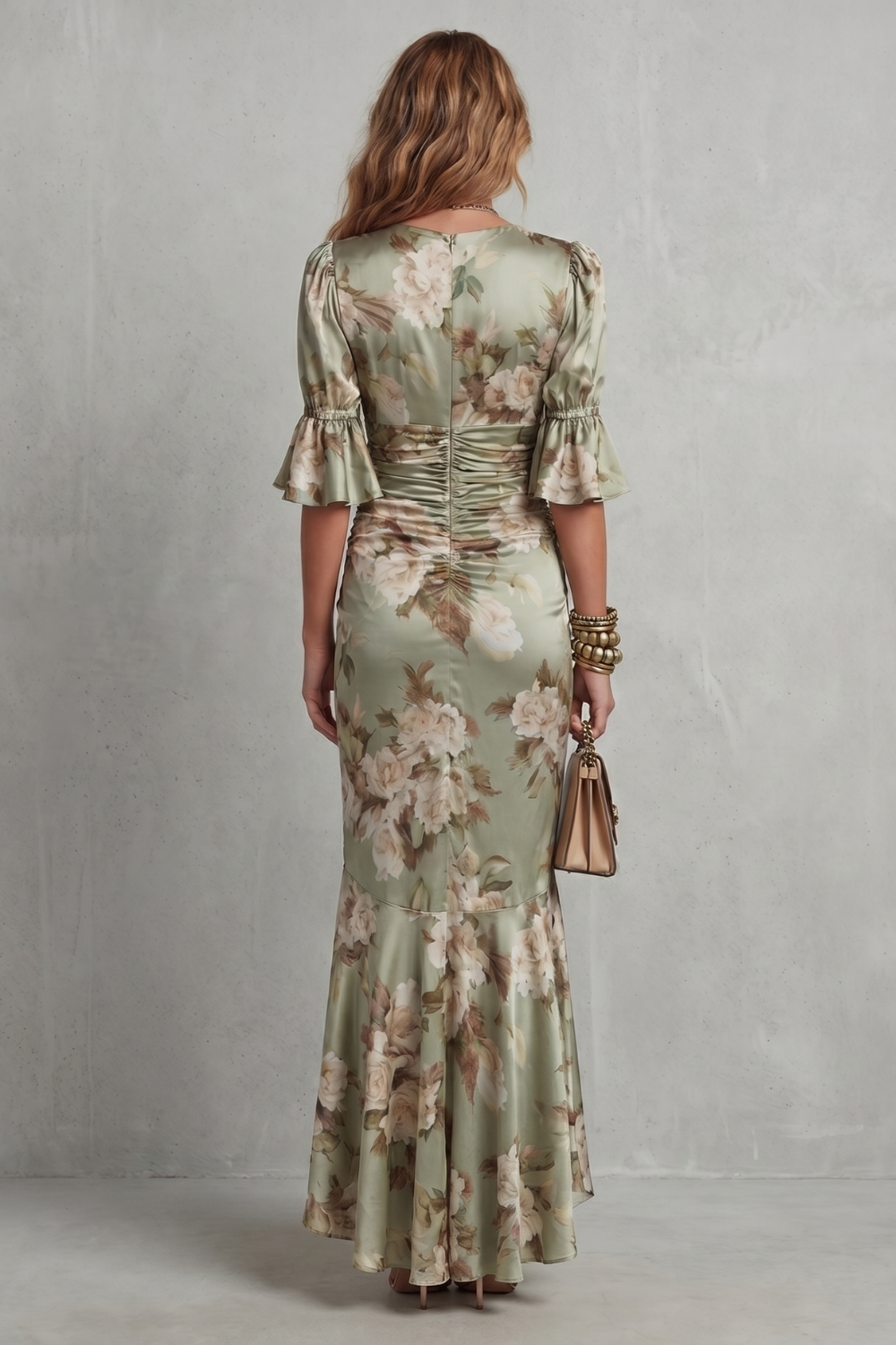 Elspeth | Maxi Dress Sage Green Satin Floral Ruched V-Neck for Women