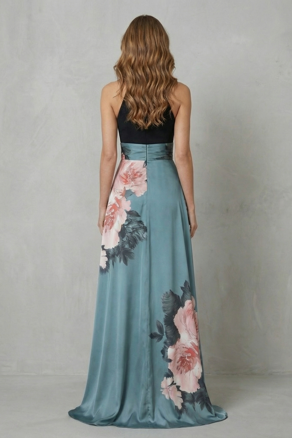 Indira | Maxi Dress Black Teal Floral Print Halter Neck A-Line for Women